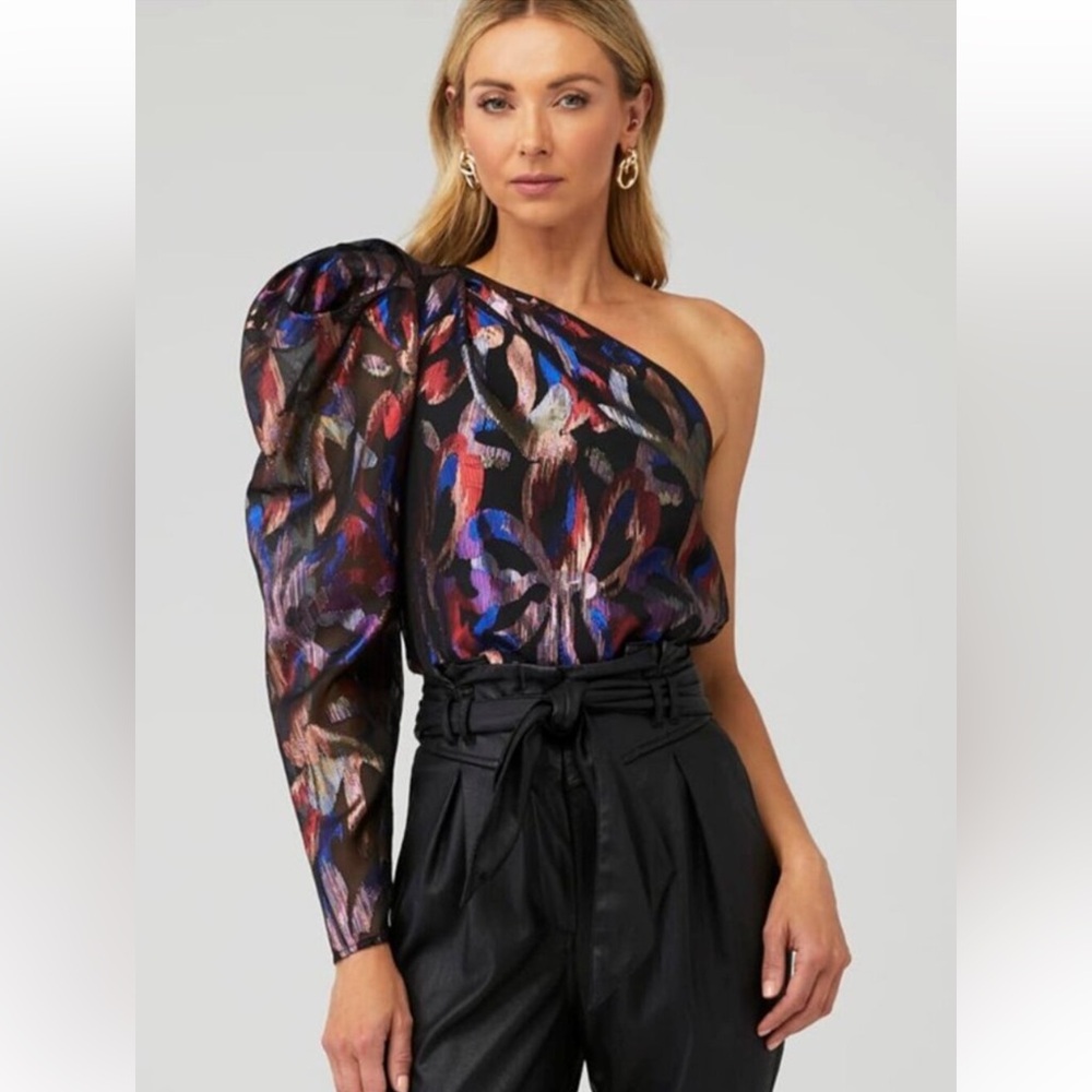 Sabina Musayev Shimmer One Shoulder Metallic Floral Top XS